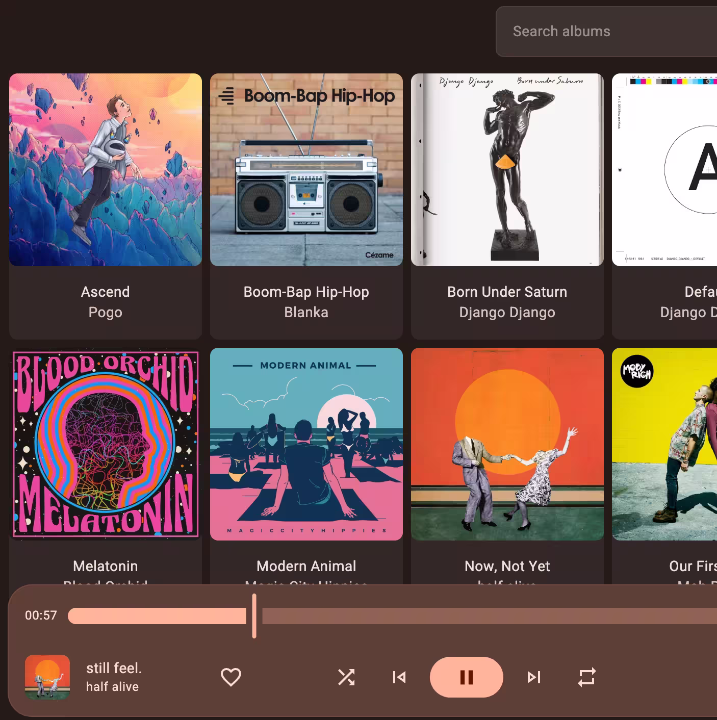 Adi Music showing the music library and playback controls