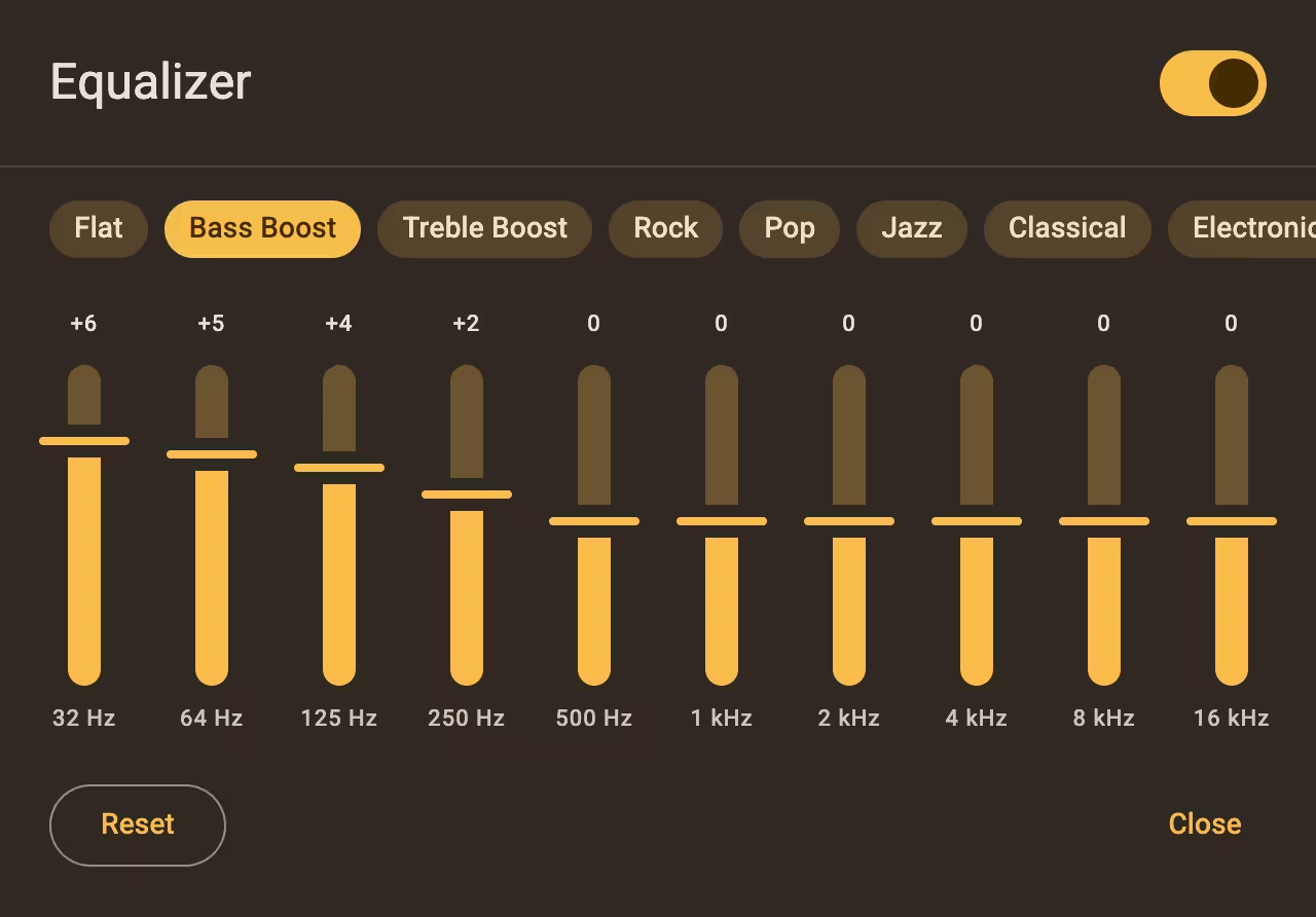 Adi Music equalizer dialog in dark mode with Bass Boost enabled